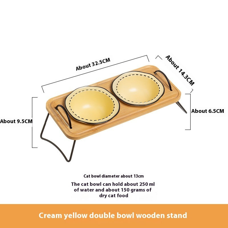 Pet Wooden Rack Ceramic Feeding Bowl Anti-Tumble Easy Clean Design