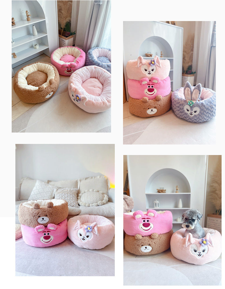 Pet Cartoon Plush Round Bed Four Seasons Cushion Nest