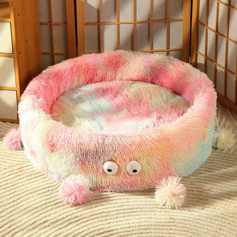 Warm Cute Pet Bed Round Nest With Play Teaser Pad