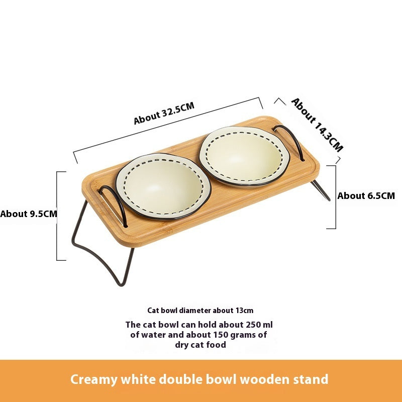 Pet Wooden Rack Ceramic Feeding Bowl Anti-Tumble Easy Clean Design