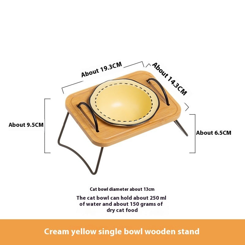 Pet Wooden Rack Ceramic Feeding Bowl Anti-Tumble Easy Clean Design