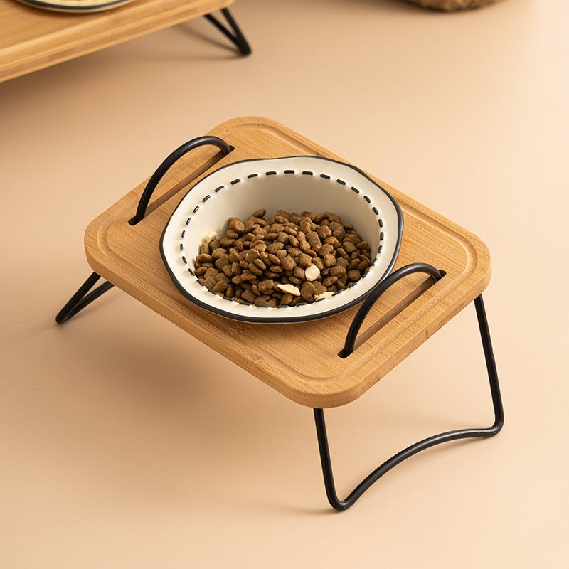 Pet Wooden Rack Ceramic Feeding Bowl Anti-Tumble Easy Clean Design