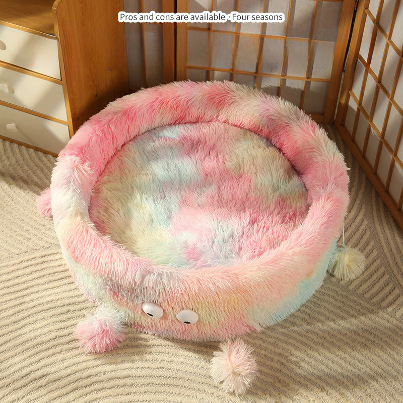 Warm Cute Pet Bed Round Nest With Play Teaser Pad
