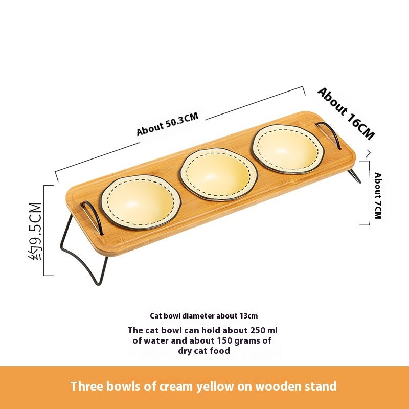 Pet Wooden Rack Ceramic Feeding Bowl Anti-Tumble Easy Clean Design