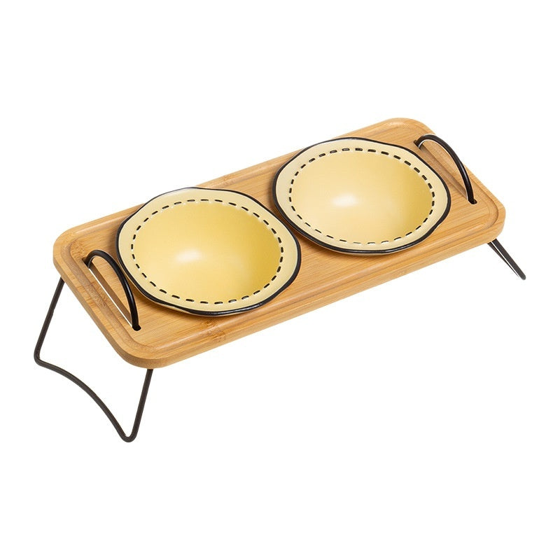 Pet Wooden Rack Ceramic Feeding Bowl Anti-Tumble Easy Clean Design