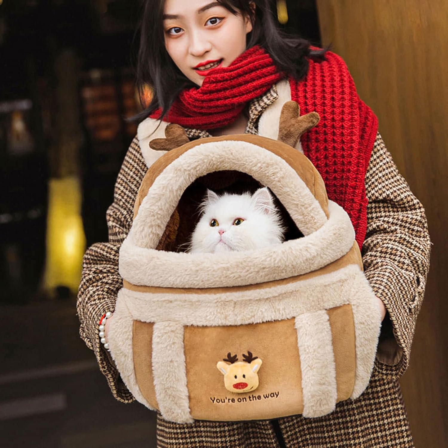 Plush Pet Carrier Backpack For Winter Travel With Hand Warmers