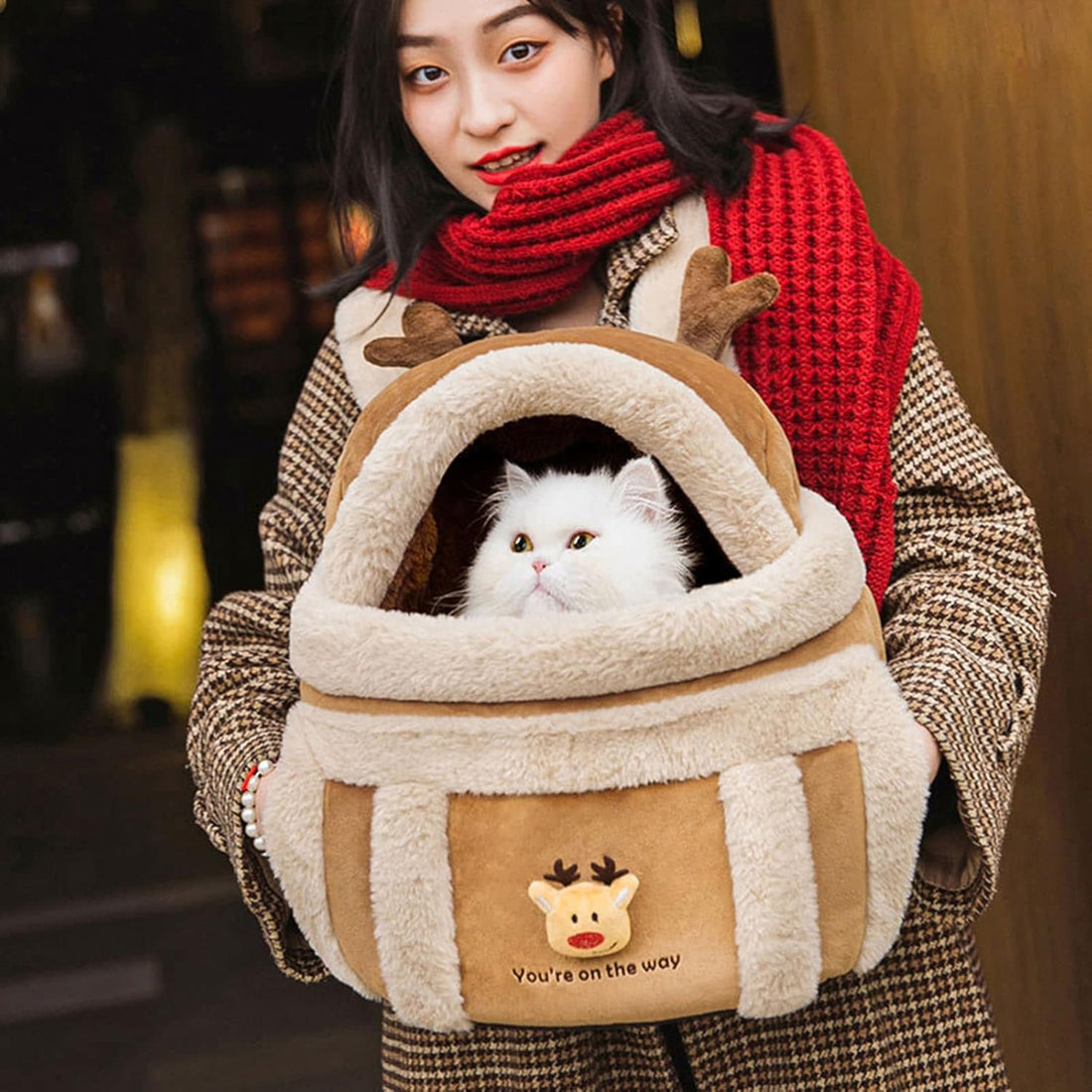 Plush Pet Carrier Backpack For Winter Travel With Hand Warmers