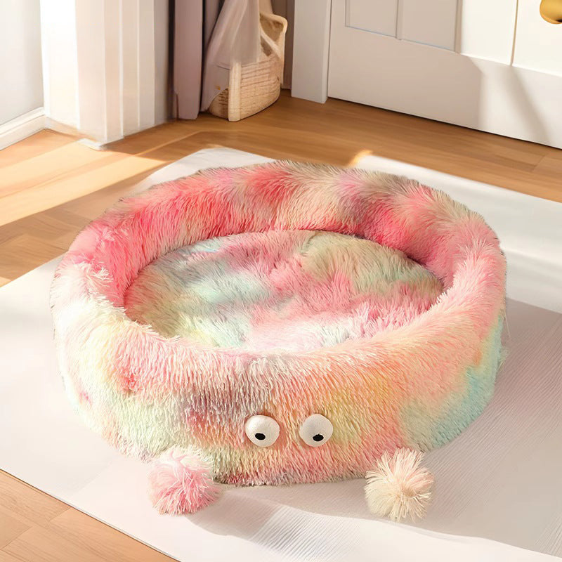 Warm Cute Pet Bed Round Nest With Play Teaser Pad