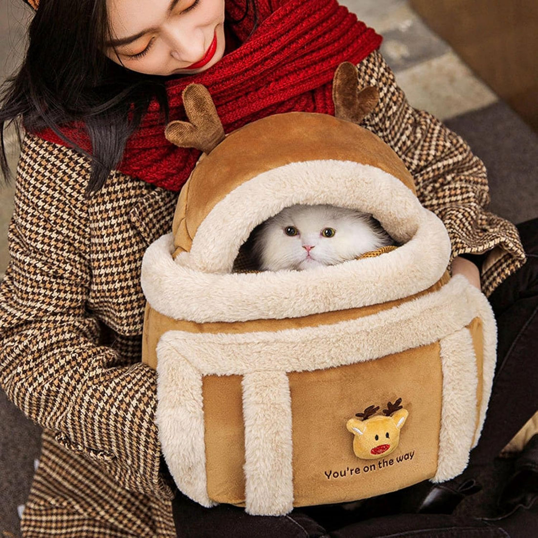 Plush Pet Carrier Backpack For Winter Travel With Hand Warmers