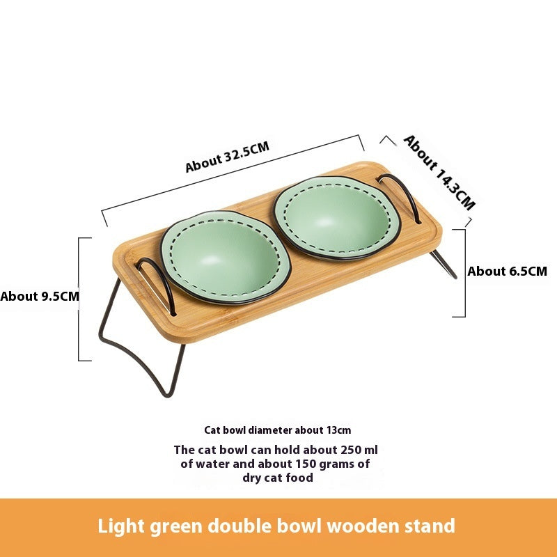 Pet Wooden Rack Ceramic Feeding Bowl Anti-Tumble Easy Clean Design