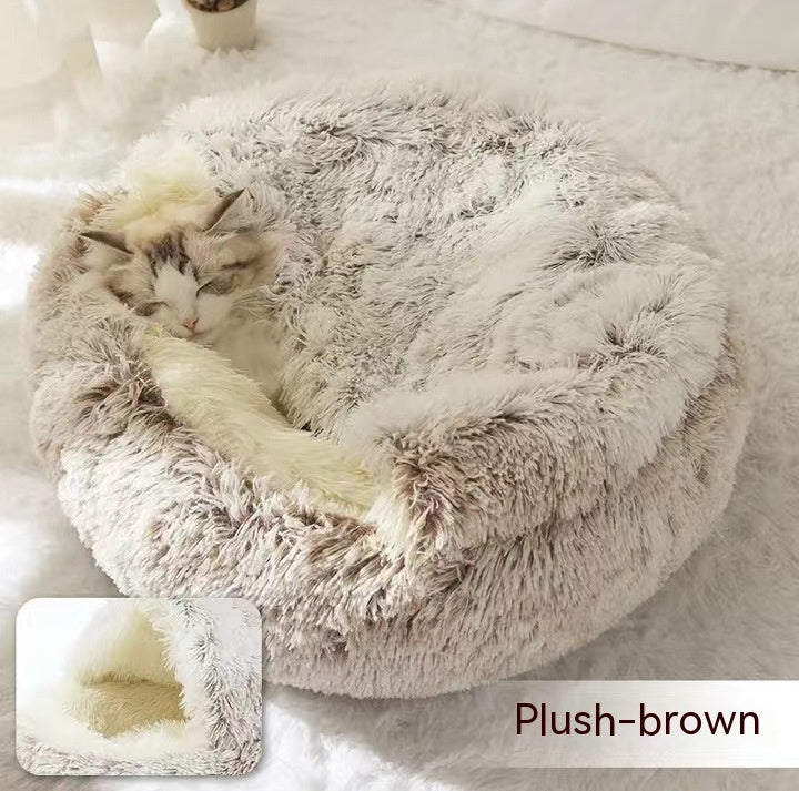Pet 2 In 1 Plush Winter Bed Round Warm Sleeping House